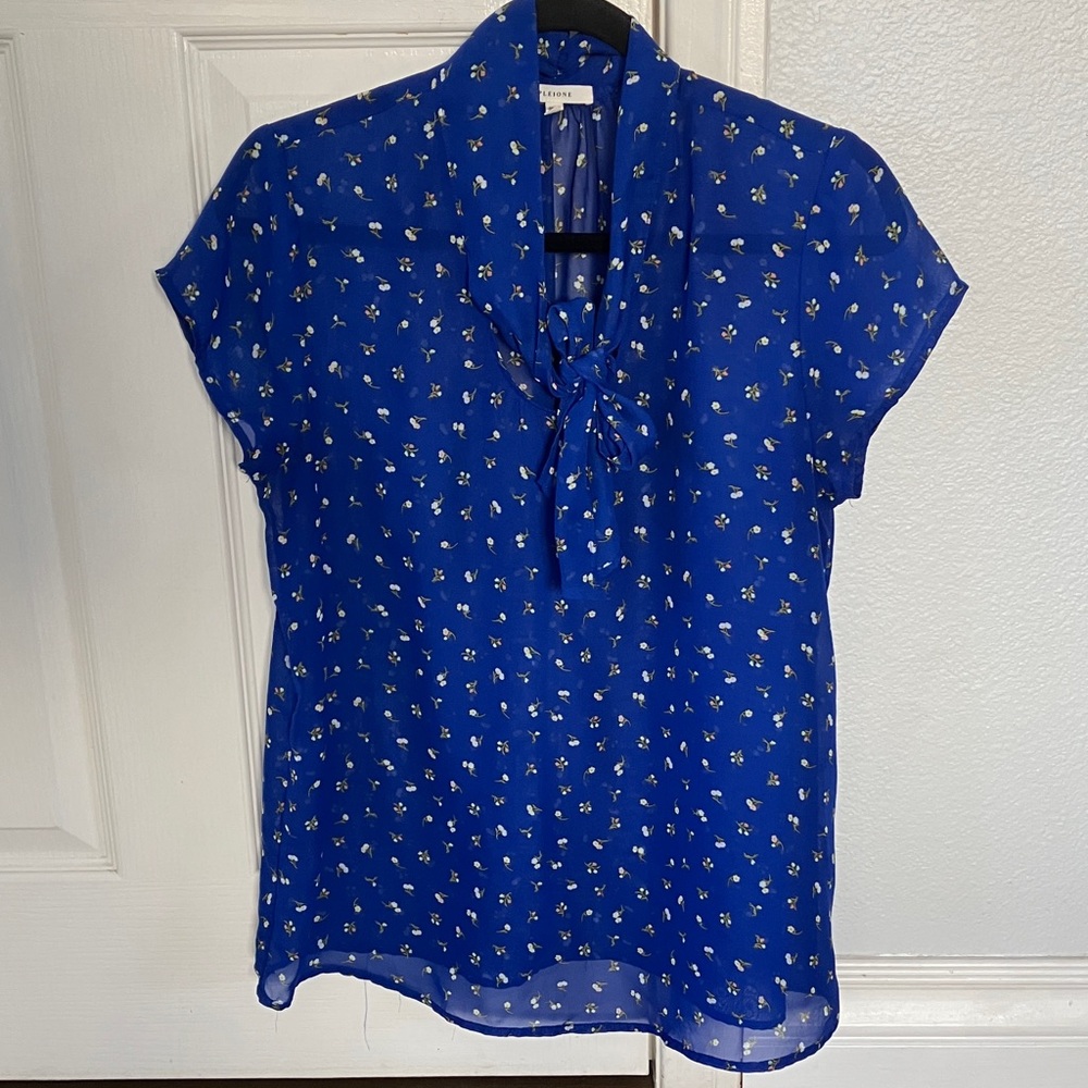 Pleione Royal Blue Sheer Floral Blouse Shirt Large